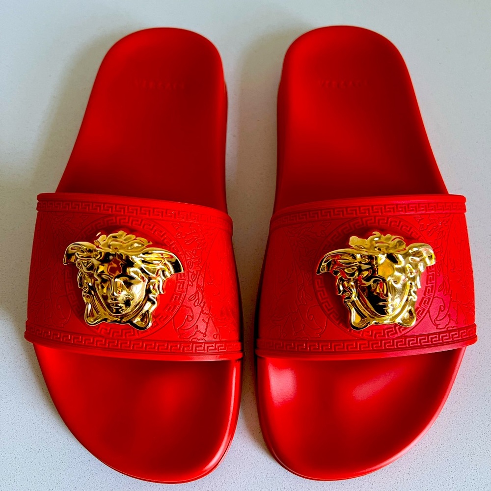 Versace Red Sandals with Gold Medusa Accent